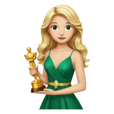 blonde model, brown eyes, long wavy hair, oscars red carpet, emerald green, holding oscar sticker