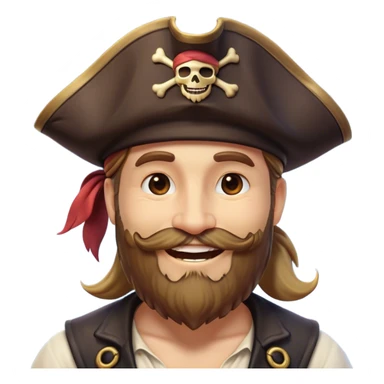 Clash of Clans aesthetic Cheerful Pirate Portrait Emoji, With a bright, confident smile and a relaxed yet adventurous posture, showcasing a stylized, rugged build with a classic pirate hat and a neatly groomed beard, his face in natural skin tone, Simplified yet expressive features, highly detailed, glowing with a soft, luminous maritime radiance, high shine, upbeat and daring, stylized with an air of classic swashbuckler allure, soft glowing outline, capturing the essence of a cheerful pirate ready to chart epic voyages! sticker