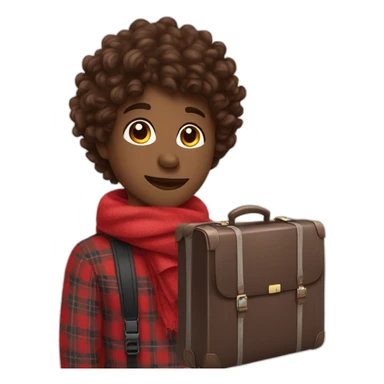 Chocolate colored doodle with wavy hair wearing a red and black flannel handkerchief with a carryon suitcase sticker
