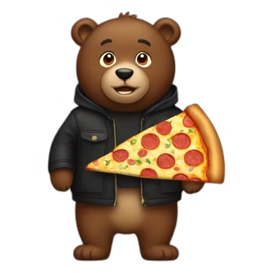a brown bear with a black jacket and a big pizza sticker