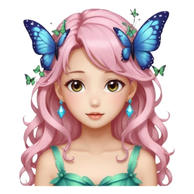 gorgeous shiny blushing anime lady with butterflies and beautiful hair fairycore high quality detailed vogue trending aesthetic sticker