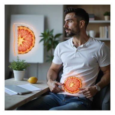 Italian man sitting at a nutritionist's office, pointing to the abdominal area; transparent illustration highlighting adipose tissue and metabolic pathway of weight loss, realistic style, vertical 9:16 aspect ratio sticker