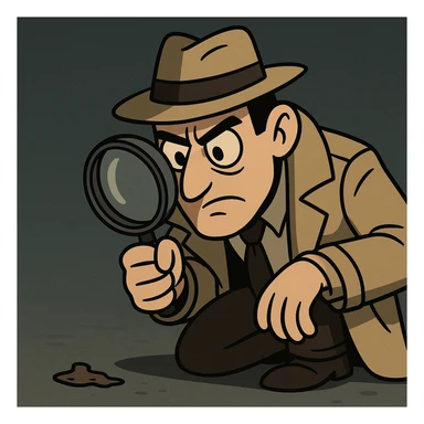 a private eye with a coat and hat, inspecting a clue with a loupe, mysterious atmosphere, cartoon style sticker