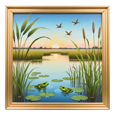 Cinematic Realistic Wetlands Emoji in a wooden frame, Peaceful and serene, with tall grasses swaying in the breeze and soft, muddy waters reflecting the sky above. Small birds and insects flit among the reeds while lily pads float lazily across the surface, punctuated by the occasional croak of a frog or splash of a fish. Soft glowing outline, capturing the essence of a calm, tranquil wetland brimming with life and natural beauty. sticker