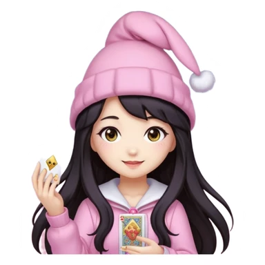 pixel art chibi asian girl with dark long hair in pink bunny hat magical girl with kawaii tarot cards thrown in air pixel emoji sticker