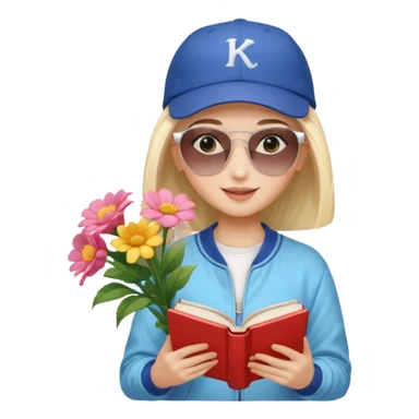 ["A happy girl with light skin, bald, wearing a baseball cap and sunglasses, dressed in K-pop fashion, is reading a book while holding a flower bouquet."] sticker