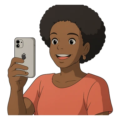 Afro-Caribbean woman smiling, holding iPhone, recording sticker