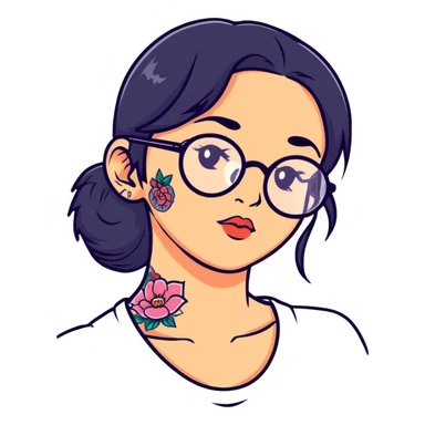 young girl with face tattoos wearing glasses and black hair sticker