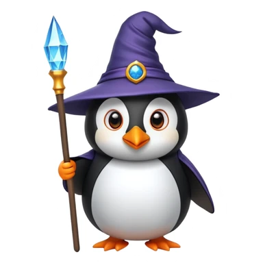 penguin dressed as a wizard, wearing a pointed hat and holding a magic staff, fun emoji style sticker