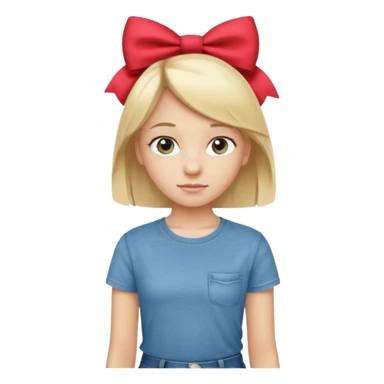 14 years old girl, with blonde hair, grey eyes. Wearing t-shirt and jeans. Wearing a bow sticker