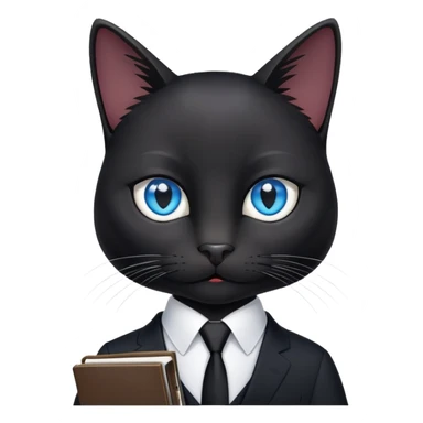 black cat with blue eyes in a black suit with black tie and notebook sticker