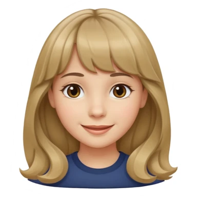 A girl with wavy, dark blonde hair, straight bangs, and straight eyes. She is smiling. sticker