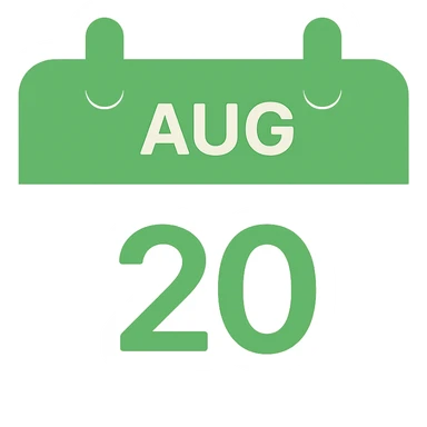 A modern calendar icon with August 20 highlighted in green color, no background, sleek and contemporary design. sticker