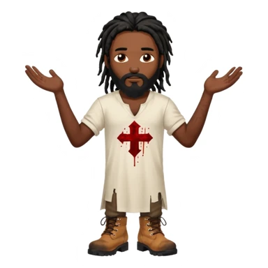 African American man with shoulder length black dreadlocks with black beard wearing a white tunic with blood on it wearing timberland boots with arms folded together sticker