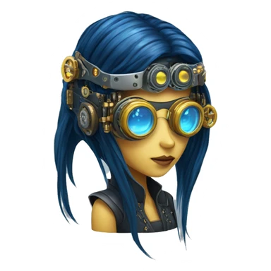 Dark blue long hair female cyborg head with yellow steampunk goggles and circuits sticker
