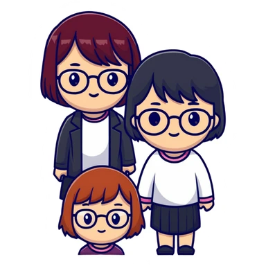 Two korean girls, on the left side she has burgundy short hair and glasses, on the right side girl has long black hair with ginger ends  sticker