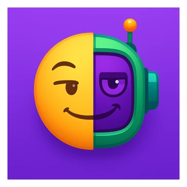 Create a half-emoji, half-robot face with a sarcastic expression, using the purple, green, and orange color scheme from the reference image. The face should look witty and playful, blending emoji and robot features seamlessly. sticker