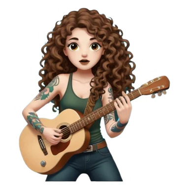 woman with long curly brown hair, brown eyes, white skin, tattoos, blowing glowing forest spores like stage smoke after a guitar solo sticker