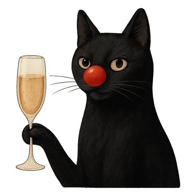 black cat with a red clown nose holding a glass of champagne, elegant and whimsical sticker