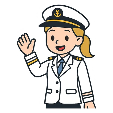 flat toon style cruise captain girl with dirty blonde ponytail, waving at the camera sticker