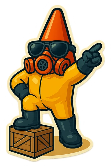 This character in retro sticker style, standing on a crate, rallying a group with an outstretched arm, vibrant and clean with transparent background. sticker