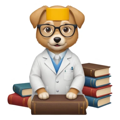 Wise dog with glasses, wearing a lab coat, perched on a stack of books. sticker