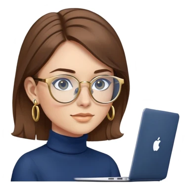 Female programmer with brown hair, navy blue turtleneck, gold hoop earrings, blue computer glasses, using laptop sticker