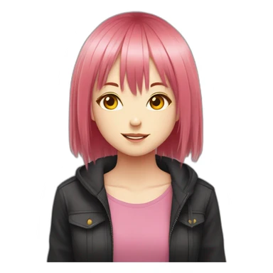 (gril) makima from the manga chainsawman with pink/red hair fringe, yellow eyes with a circle inside and a black shirt sticker
