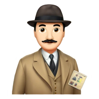 Icon for Detective Movies: A colorful collage with Hercule Poirot and mysterious city backdrop. Include a board with photos of suspects, clues like fingerprints and a crime scene. Retro movie poster style. Transparent background. sticker