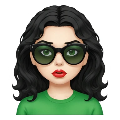 current charli xcx with her long black wavy hair, thick black out sunglasses, pale skin, closed pouting lips, and a bright green top that said brat in the brat font. sticker