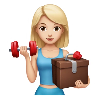 blonde woman holding a box of chocolates and a dumbbell sticker