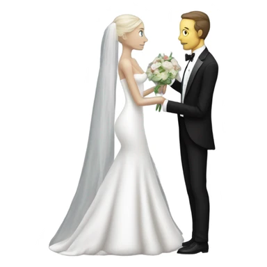 White humman man in a tuxedo holding, Alien reprilian woman in wedding dress, and one , hands getting married sticker