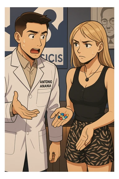 fai un webtoon/manga a colori con questo kinesiologo in camice bianco (fagli la scritta "ANTONIO ANANIA" SUL CAMICE) CHE PARLA CON QUESTA RAGAZZA. LA RAGAZZA HA UN PUGNO DI INTEGRATORI IN MANO (TANTE PILLOLE DIVERSE) E LE GUARDA DUBBIOSA. IL KINESIOLOGO CON IL CAMICE BIANCO LE DOMANDA UNA COSA SCIOCCATO. NON FARE I FUMETTI, FAI SOLO LORO COME SE DIALOGASSERO sticker