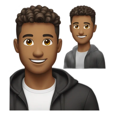 Smiling guy, barber fade haircut, wearing a black quarter zip sweater with white tee shirt under, tan skin tone, working on a MacBook Air sticker