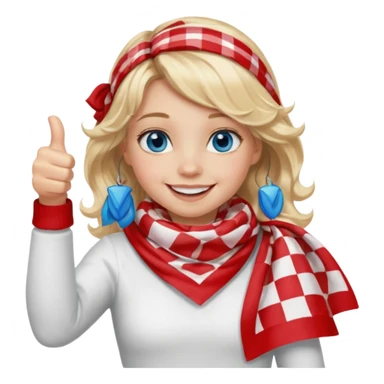 Blonde Girl, Blue Eyes, wavy hair, smiling, thumbs up, wearing red Checkered Triangle scarf, white dress sticker