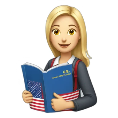 English teacher female with English book with Ukrainian flag  and usa flags sticker