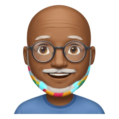 African american male, bald, gray beard. Round face, glasses sticker