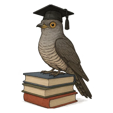 a clever bird named Coocoo, perched on a stack of books, with a graduation cap, looking proud and smart sticker