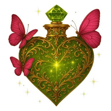 Use the exact bottle as the base: a glowing, crystal, heart-shaped bottle with #c0ff53 green glitter liquid, two pink butterflies, magical dust, and a crystal neck. Add more luxurious details directly onto the bottle—elegant golden filigree, small gemstones, and subtle gold accents—while keeping the original shape, glow, and composition. The style should remain magical, glowing, and impressive. Transparent background (PNG). sticker