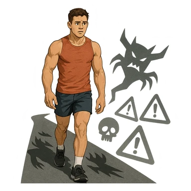 young muscular athlete following a road with threatening shadows and danger symbols projected on the path, muscular but worried face, isolated on white background sticker