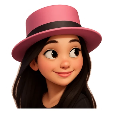 Redraw this character in a 3D Disney animated style with vibrant colors and soft shading. Keep the pink hat, black hair, and side glance. Make her expressive and detailed with a lively and warm appearance. sticker