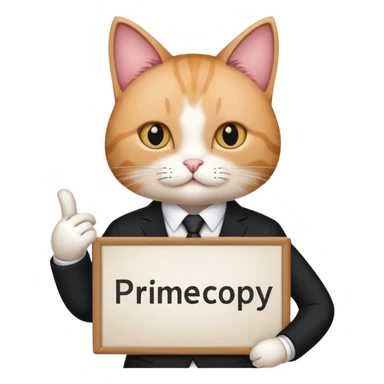 Cat in a black business suit holding a sign that says "PrimeCopy" sticker