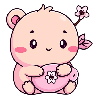 baby pink cherry blossom flower with teary eyes and a mischievous smile, hiding snacks behind its back, soft chubby body, kawaii face sticker