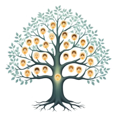 Ethereal family tree with translucent branches connecting glowing ancestor portraits, soft misty background, dreamlike genealogy chart sticker