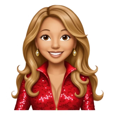 Mariah Carey with long dark blonde hair, red sequin jumpsuit sticker
