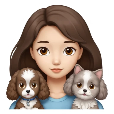 Asian girl brown hair girl with brown eyes with a grey and white ragdoll cat and a brown poodle dog  sticker