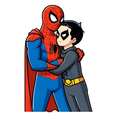 Spider-Man hugs Batman. sticker