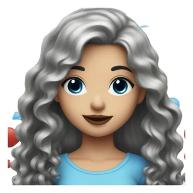 Smiling girl with long black wavy hair and blue eyes with red lips sticker