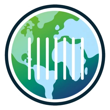 Minimalist circular logo with a barcode transitioning into a globe, representing ethical consumerism and sustainable supply chain. Green and blue gradient colors, modern and professional design. sticker