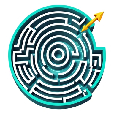An icon showing an aerial view of a maze, with winding paths and dead ends, symbolizing indoor and city-based escape rooms. A glowing arrow points the way forward, representing the challenge of solving puzzles and finding the exit. .transparent background. sticker
